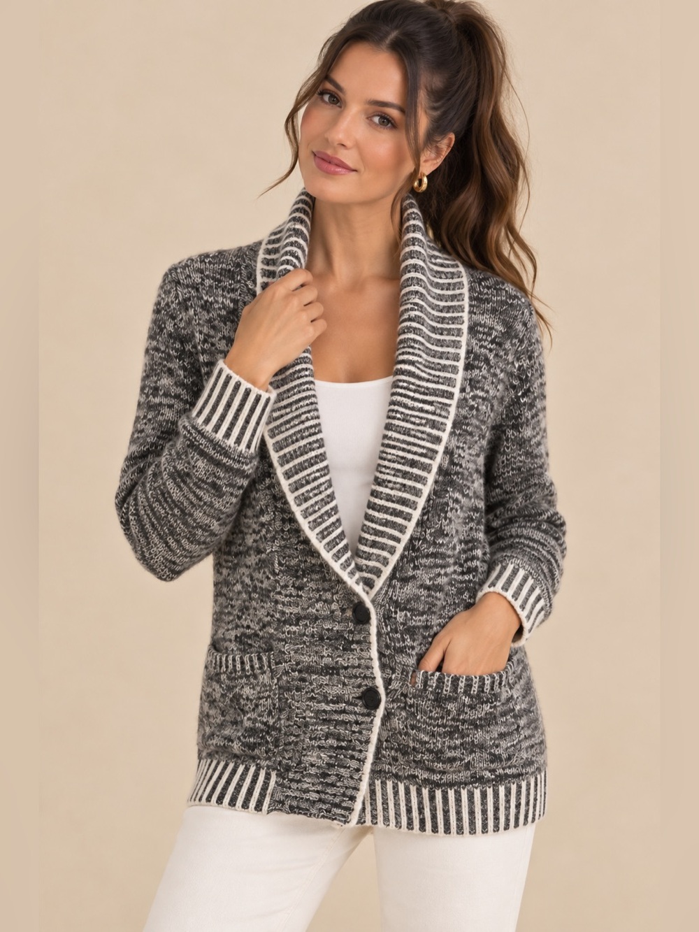 Gap Oversized Marled Black Gray Shawl Neck Button Front Cardigan Sweater XS Cozy